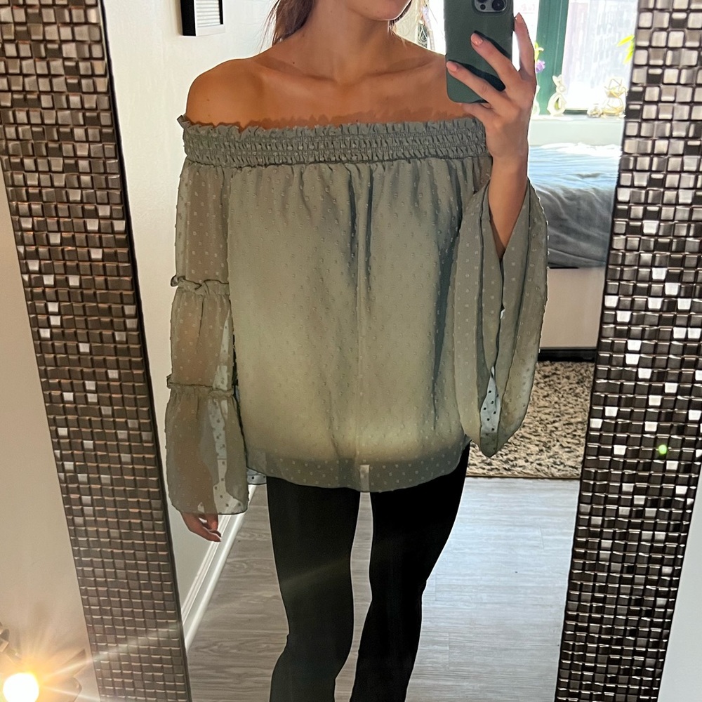 Teal Off the Shoulder Flower Blouse